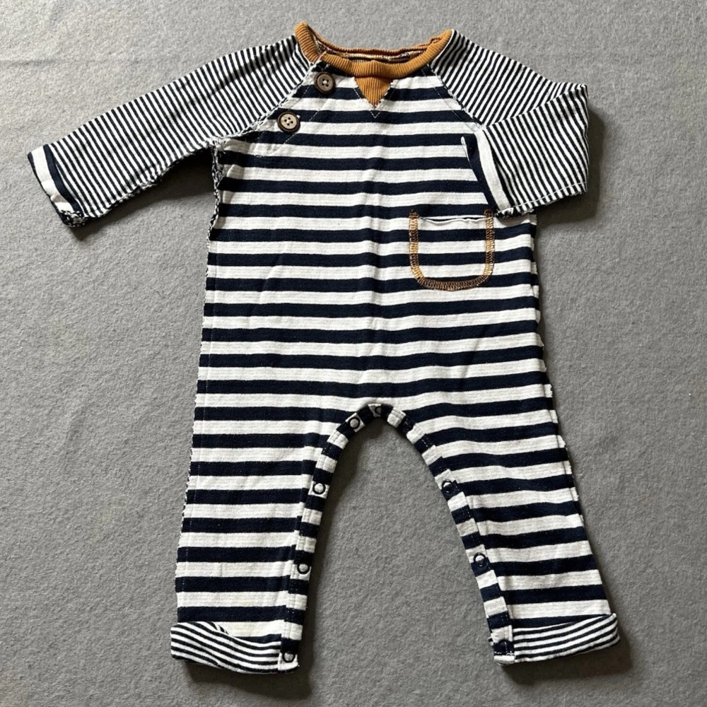 Mud Pie Jumpsuit Boys 3-6 Months Long-Sleeve White Navy Stripes Tan Raw Hemlines